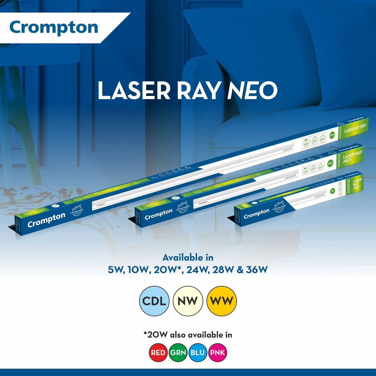 Crompton Laser Ray Neo 24W LED Batten (CoolWhite) - Pack of 10