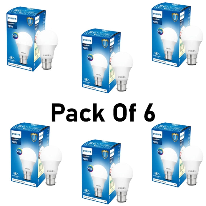 Philips 9-Watts B22 LED Cool Day White LED Bulb, Pack of 6, (Ace Saver)